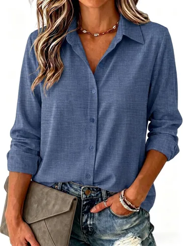 Vista 22 de Zeagoo Blusa para mujer, de manga larga, con botones, casual, ligera, lisa/estampada