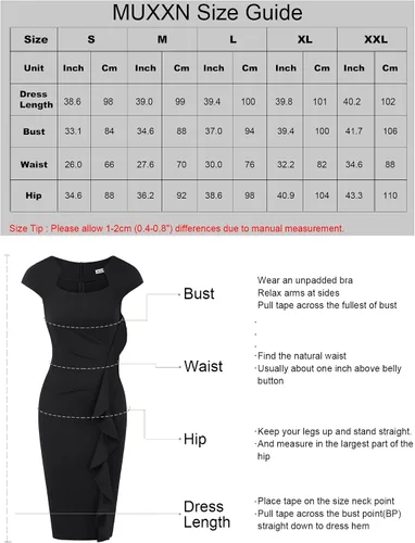 Vista 7 de MUXXN Vestido de tubo para mujer, estilo vintage, con cuello cuadrado, manga casquillo, volantes, para trabajo, negocios, bodycon