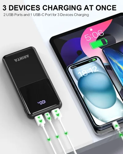 Vista 4 de Cargador portátil Power Bank de 10000 mAh PD 22.5 W, pantalla LED y entrada USB-C, artículos esenciales de viaje, compatible con teléfonos Negro