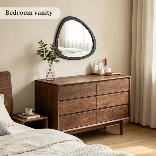 Vista 7 de HOMECOOKIN Espejo asimétrico de 19 pulgadas de alto x 23 pulgadas, espejo de pared de madera irregular para dormitorio, sala de estar, entrada