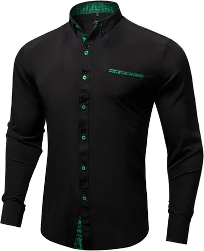 Vista 3 de DiBanGu Camisas de vestir para hombre, de manga larga, contraste interior, formal, de algodón, con botones, con bolsillo
