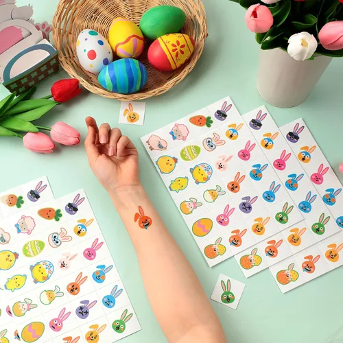 Vista 4 de Nosiny 240 piezas de tatuajes temporales con purpurina de Pascua, huevos de conejito feliz, pollo, zanahoria, accesorios de ropa, calcomanías
