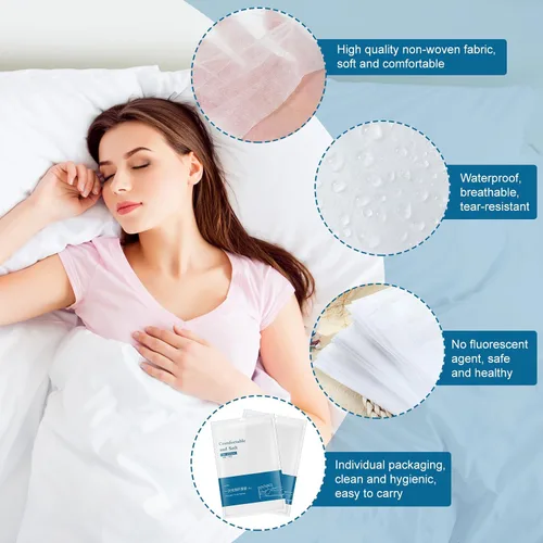 Vista 4 de Preboun Juego de 5 sábanas desechables para hotel, incluye sábanas de cama, fundas de almohada, funda de almohada, funda blanca suave y portátil