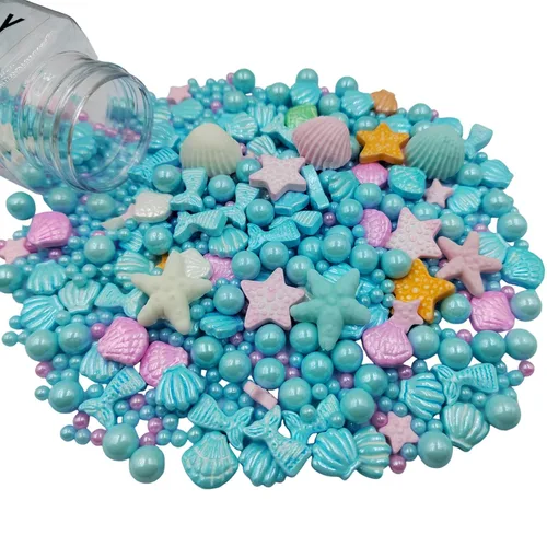 Vista 3 de Homankit Gránulos de dulces de sirena para hornear, postre, magdalenas, decoración de pasteles, estrella de mar, concha de mar, perla y sirena Azul