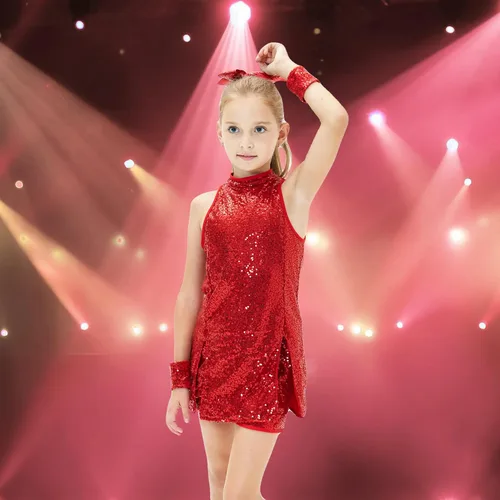 Vista 6 de Girls Sequins Dance Costumes Dress, Jazz Dance Costume Girls Hip Hop Outfits Sleeveless Sparkle Dance Dress Top & Shorts