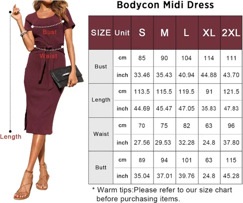 Vista 6 de PRETTYGARDEN Vestido casual de manga corta con cuello redondo y abertura acanalada para mujer, color liso, cintura con lazo y ajuste ajustado