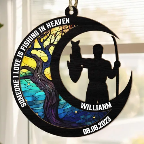 Vista 2 de Pesca en el cielo, adorno de pesca personalizado, decoración de Navidad para amantes de la pesca, nombre y fecha personalizados, regalo
