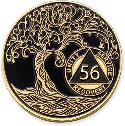Vista 92 de 1 año Sobriety Mint Twisted Tree of Life Medallón de recuperación AA chapado en oro, chip/ficha - negro