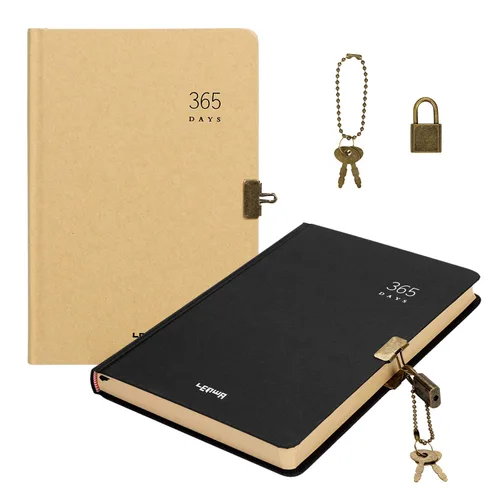 Vista 8 de 365 Day A5 Kraft Paper Hardcover Journals Notebook with Lock 1-Year Journal A Page A Day Daily Diary Scrapbook Numbered Blank Page Sketchbook