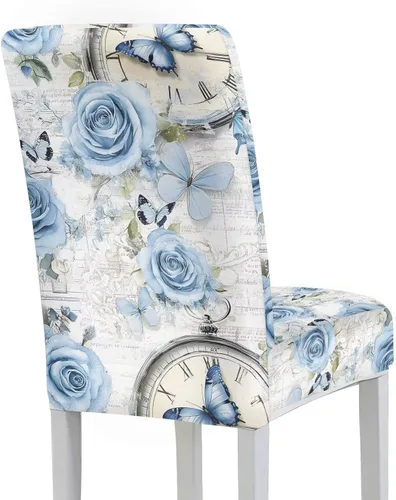 Vista 4 de Rnyleeg Juego de 1 funda para sillas de comedor con diseño de mariposa y rosa azul, elegante, suave, lavable, para cocina, hotel, ceremonia