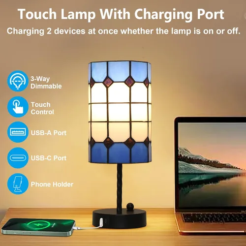 Vista 2 de Lámpara De Mesa De Vidrio Manchado Con Puerto USB, Lámpara De Escritorio Tiffany De 3 Vías Regulable Con Control Táctil Y Bombillas, Lámpara Vintage
