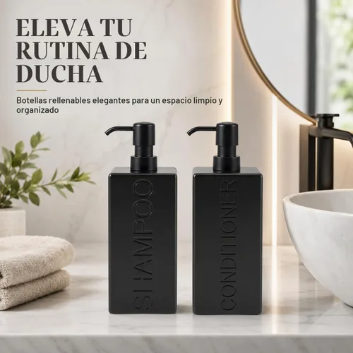 Vista 3 de Dispensador rectangular de resina para baño, champú y acondicionador de baño, botella de lavado corporal, diseño moderno de bomba recargable Negro