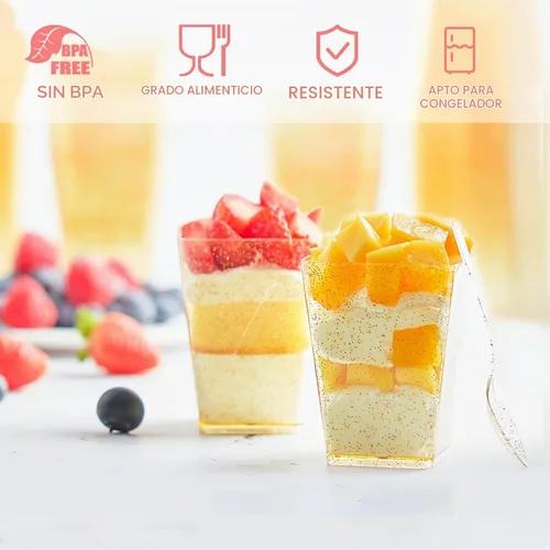Vista 3 de 150 tazas de postre con purpurina dorada de 5 onzas con cucharas, sirve 50