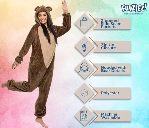 Vista 4 de Funziez! Mameluco de sherpa ajustado para adultos, disfraz de Halloween de animales, traje de cosplay de una pieza de felpa para mujeres y hombres