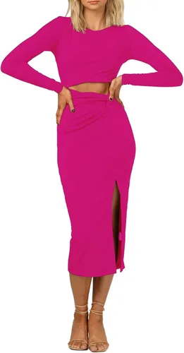 Vista 3 de LYANER Vestido midi ajustado de manga larga con cuello redondo y dobladillo dividido para mujer