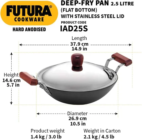Vista 3 de Futura freidora con anodizado duro (Kadhai) con tapa de acero y parte inferior plana, Negro