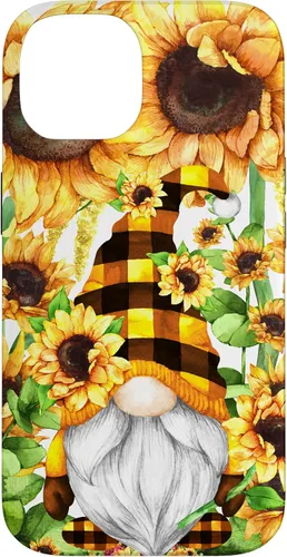 Vista 4 de iPhone 16 Gnomo de girasol con sombrero de cuadros de búfalo para niñas de moda lindo caso