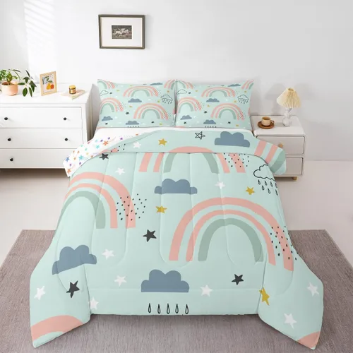 Vista 41 de Erosebridal Juego de edredón arcoíris de 2 piezas, edredón de nube de dibujos animados kawaii iridiscente individual para niños, niñas, mujeres