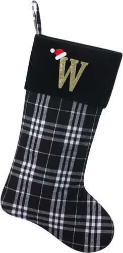 Vista 27 de Calcetines de Navidad personalizados con monograma inicial, adornos colgantes, medias clásicas de cuadros negros de 19 pulgadas, decoraciones