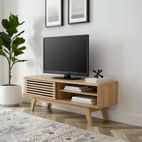 Vista 2 de Mueble para televisor de 48 pulgadas Modway Render, de estilo moderno de mediados de siglo con perfil bajo, color roble