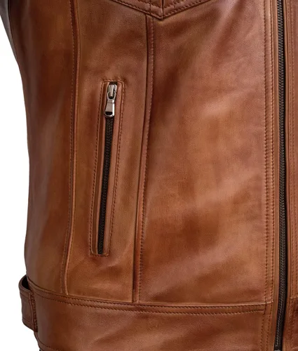 Vista 3 de Chaqueta de cuero de color sólido estilo motocicleta Cafe Racer para hombre Chaqueta de cuero marrón para motocicleta Slim Fit para hombre