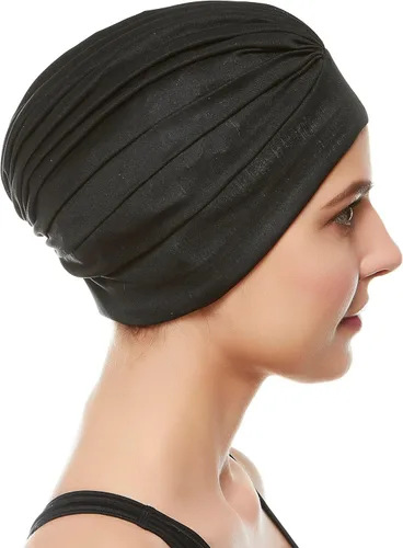 Vista 3 de BEEMO Gorros de natación para mujer, turbante de natación, de poliéster, con forro de látex, plisado para mujer Negro