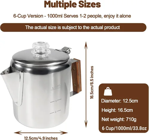 Vista 2 de Percolador de 6 tazas de acero inoxidable 304, cafetera con mango de madera maciza, perilla transparente, estufa Greca Mocha para inducción, hogar