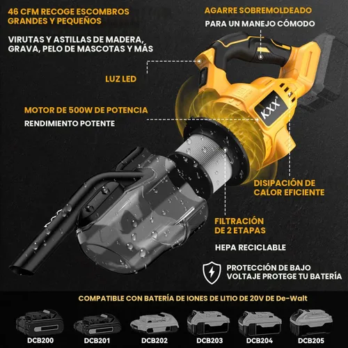 Vista 3 de Aspiradora inalámbrica para batería Dewalt de 20 V, aspiradora eléctrica de mano 5 en 1 con potente motor de 500 W, aspiradora de mano portátil