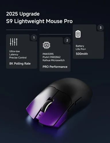 Vista 2 de Mouse inalámbrico para juegos S9 Pro, mouse ergonómico de computadora 59G, modos triples, sondeo de 8K, DPI de 26 K, sensor óptico PAW3395