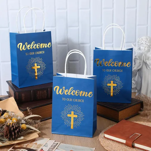 Vista 4 de Chuangdi 50 bolsas de regalo de bienvenida a la iglesia, bolsas de papel cristiano con asas para invitados, día de la madre, baby shower, Azul