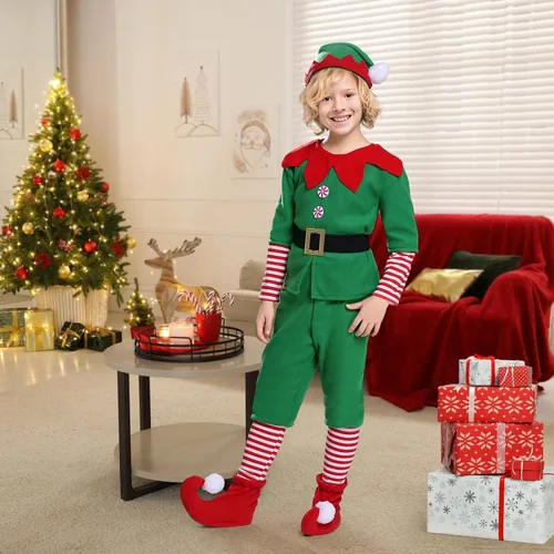 Vista 5 de Cowaski Disfraz de elfo para niños, disfraz de elfo de Navidad para niñas y niños. Disfraz de ayudante de Papá Noel, traje festivo de Navidad