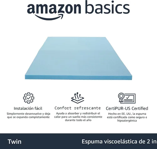 Vista 2 de Amazon Basics Cubrecolchón tamaño individual, infusión de gel refrescante, certificado CertiPUR-US, 2 pulgadas, azul