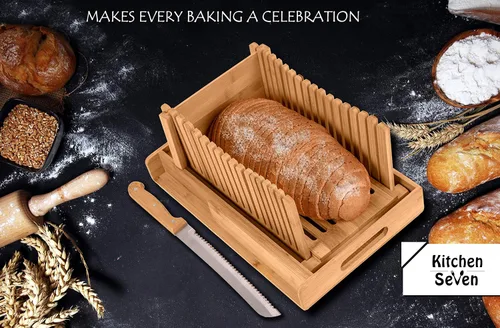 Vista 12 de Cortador de pan de bambú con bandeja para migas, cortador de pan de bambú para pan casero, pasteles de pan, rebanador de bagels, 3 tamaños