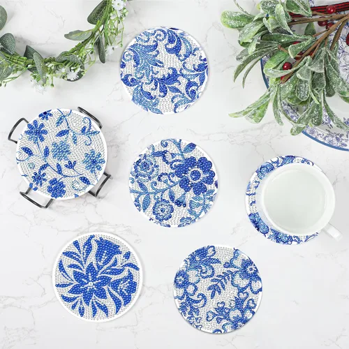 Vista 7 de Juego de posavasos con diseño de diamantes de flores azules, posavasos de diamante acrílico 5D con base de corcho y soporte para adultos, 8
