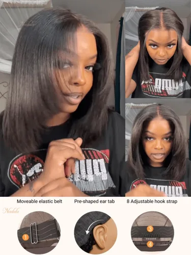 Vista 4 de Nadula Pelucas de cabello humano lacio Yaki sin pegamento con encaje frontal de 7 x 5 pulgadas, nudos invisibles, predepilados, pretodo, 3S, listo