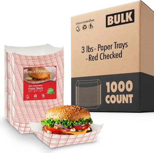 Vista 8 de Botes pequeños de papel para alimentos (paquete de 100) bandejas desechables de 1 libra a cuadros rojos y blancos, botes de comida ecológicos, botes