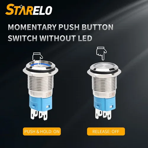 Vista 5 de STARELO 5 piezas 16 mm interruptor de botón de presión LED momentáneo, carcasa plateada, interruptor de botón de presión impermeable IP65, 1NO 1NC
