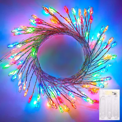 Vista 8 de Luces de Hadas a Batería, 10 Pies 120 LEDs Luces de Cadena Tipo Petardo Impermeables Cable Plateado Luces Estrelladas de Luciérnaga para Bricolaje