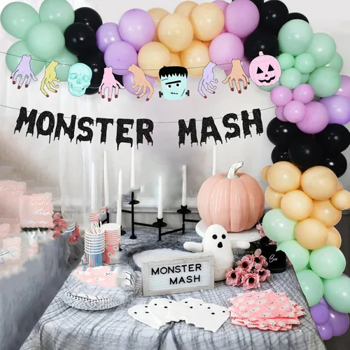 Vista 5 de Kit de arco de guirnalda de globos de monstruo de Halloween, globos negros, morados, verdes con globos de papel de aluminio, pancarta de monstruo