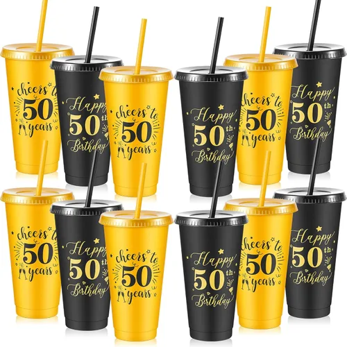 Vista 8 de Uiifan 12 vasos de plástico de plástico con tapa y popote de 24 onzas para cumpleaños, cumpleaños, bodas, aniversarios, decoración (30º)