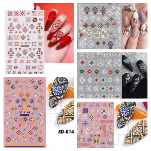 Vista 3 de Calcomanías de arte de uñas 3D, estilo retro, autoadhesivas, suministros de uñas, tótem de flores, calcomanías de uñas para mujeres, decoración