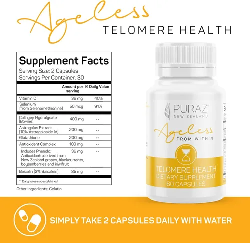 Vista 6 de Telomere Suplementos con potente extracto de raíz de astrágalo y colágeno, fórmula avanzada para alargamiento de telómeros, suplemento