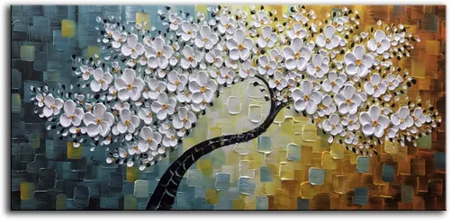 Vista 20 de YaSheng Art - Pintura al óleo de arte contemporánea hecha a mano de flores blancas en lienzo con textura 3D, pinturas de árbol abstractas