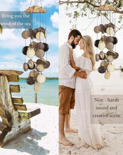 Vista 4 de Campanillas de viento de cáscara de coco para exteriores, campanillas de viento de madera hechas a mano de bambú para exteriores, mitad superior