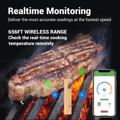 Vista 2 de Termómetro digital inalámbrico para carne, Bluetooth 5.2 de largo alcance con control de aplicación, compatible con iOS y Android, IP68 impermeable