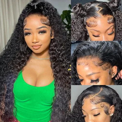 Vista 17 de Pelucas con malla frontal de onda profunda 13x4, cabello humano pre-sacado, 180% de densidad, 9A, sin pegamento, pelucas de cabello humano mojadas