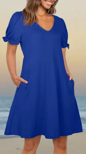 Vista 5 de Aloodor Vestido casual de manga corta con cuello en V y bolsillos para mujer