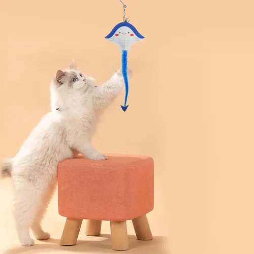 Vista 6 de Andiker Varita de juguete para gatos, palo flexible de 35 pulgadas de largo con bonita forma de pez, varita de campana, juguete interactivo