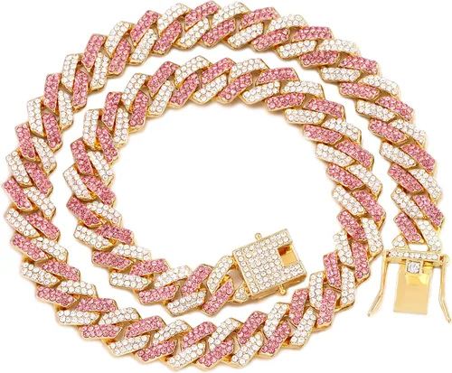 Vista 22 de Collar de cadena dorada para perro, collar cubano de diamantes para caminar, collar de cadena de metal con diseño de hebilla segura, collares