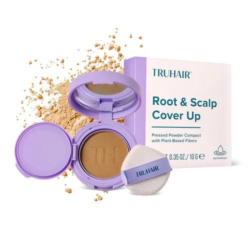 Vista 12 de TRUHAIR Polvo prensado para cubrir raíces y cuero cabelludo, compacto, impermeable, cobertura ligera del cabello y encubrimiento de puntos calvos